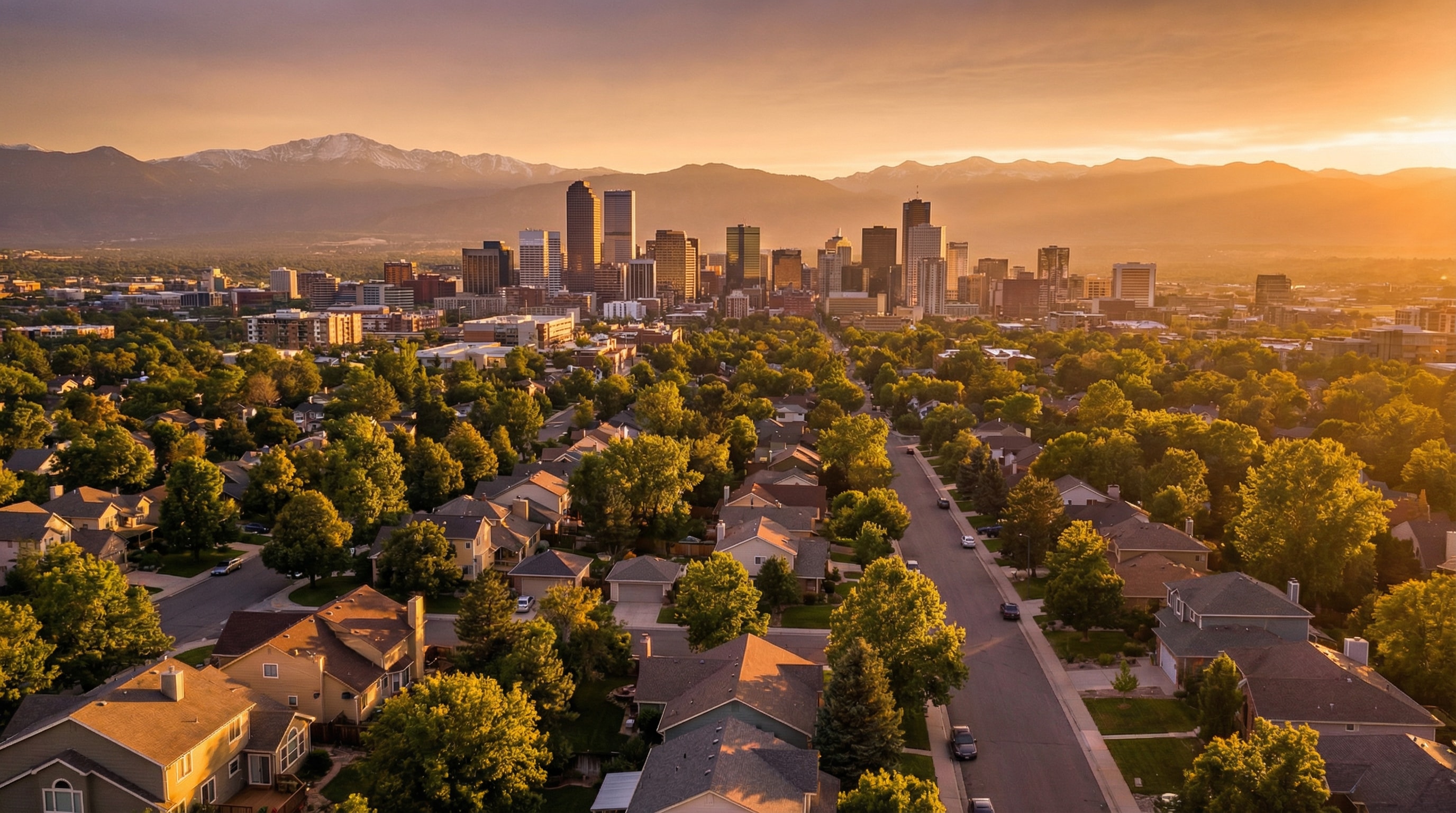 Denver skyline with residential homes - We buy houses in Denver CO